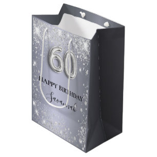 Silberstaub-Monogramm aus Glitzer zum 60. Geburtst Mittlere Geschenktüte