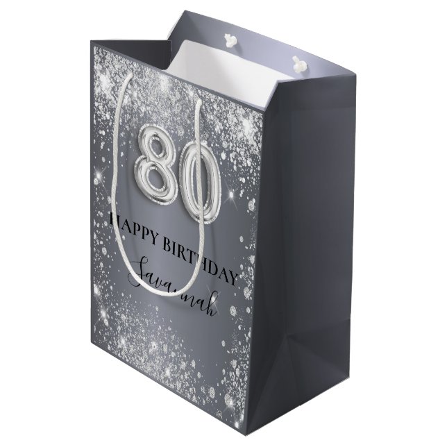 Silberstaub-Monogramm zum 80. Glitzer Mittlere Geschenktüte (Rückseite Schrägansicht)
