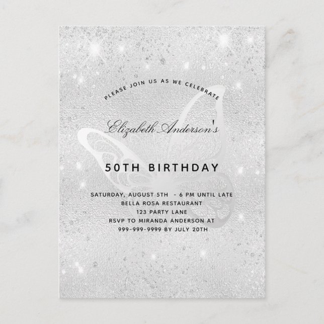 Silberstaub-Schmetterling zum Geburtstag, elegant, Einladungspostkarte (Vorderseite)