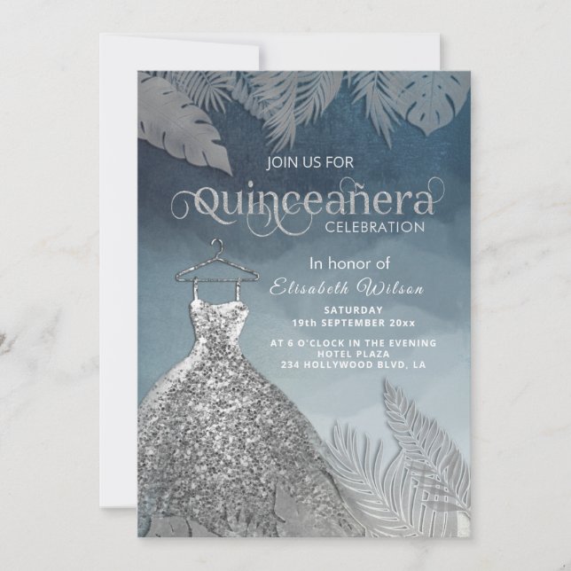 Silberstaubblaues tropisches Kleid Quinceañera Einladung (Vorderseite)