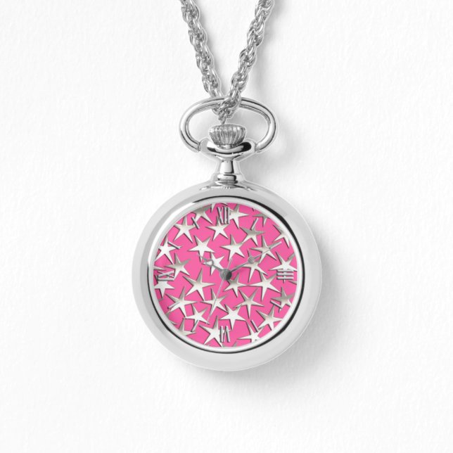 Silbersterne auf Fuchsienrosa Armbanduhr (Vorderseite)