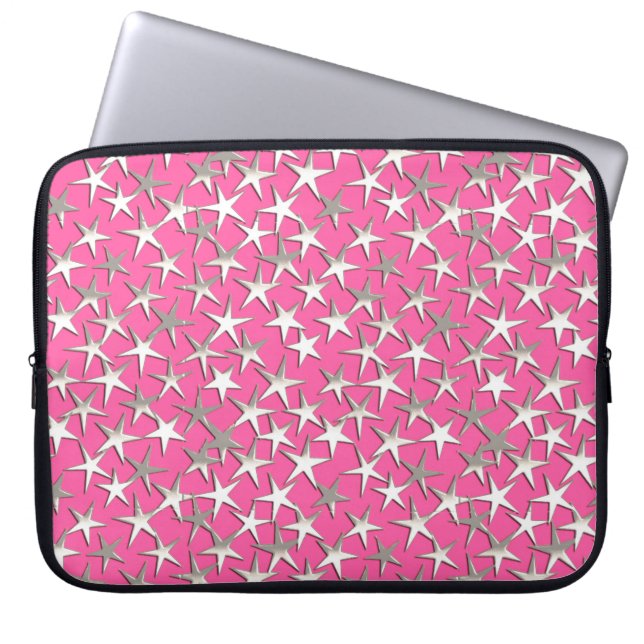 Silbersterne auf Fuchsienrosa Laptopschutzhülle (Vorderseite)