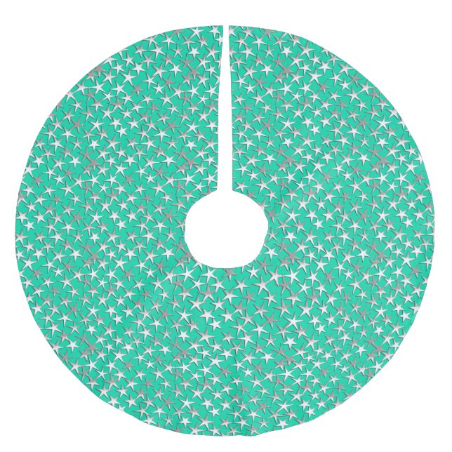 Silbersterne auf Türkis Polyester Weihnachtsbaumdecke (Vorderseite)