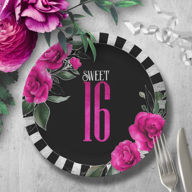 Silberstreifen Streifen florales Sweet 16 Hot Pink Pappteller (Von Creator hochgeladen)