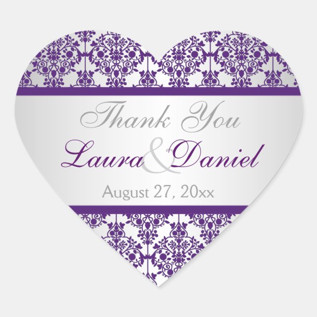 Silberstreifen und Lila Damask Hochzeitsticker Herz-Aufkleber (Vorderseite)