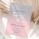 Silberter Glitzer ombre pink typografie Sweet 16 Einladung<br><div class="desc">Moderne,  hübsche Imitat Silber Glitzer Duschombre mit rosa Farbblock Sweet 16 Geburtstagsfeier mit eleganter Typografie mit silberfarbenem Opponmuster,  das auf einem individuell gestaltbaren Hintergrund verblasst. Perfekt für eine Prinzessin 16 . Geburtstag.</div>