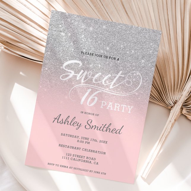 Silberter Glitzer ombre pink typografie Sweet 16 Einladung (Von Creator hochgeladen)