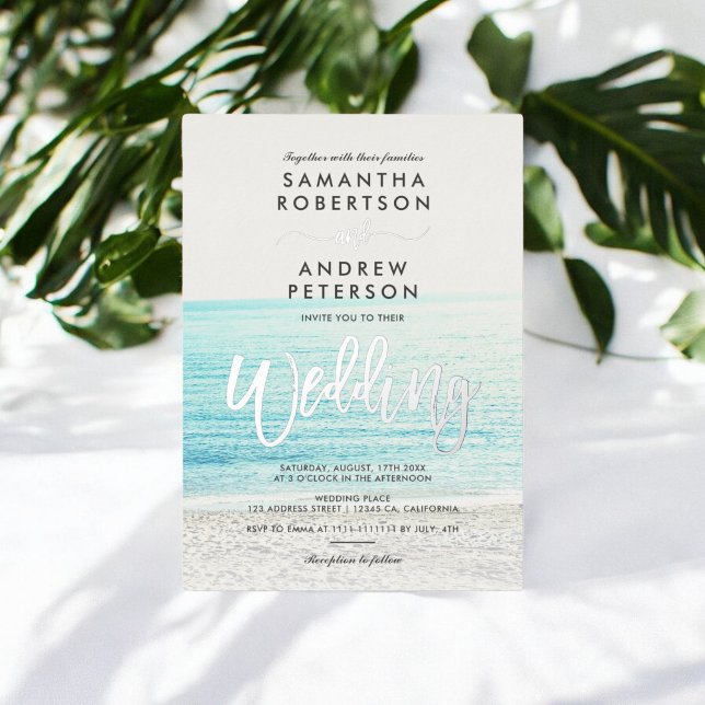 Silbertypografie Beach Foto Hochzeit Folieneinladung (Silver typography beach photo wedding foil invitation)