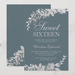 Silbertypografie floral dusty blue chic Sweet 16 Einladung