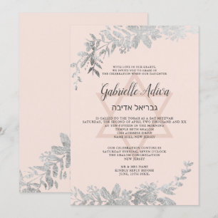 Silbertypografie Floral rot Rosa Bat Mitzvah Einladung