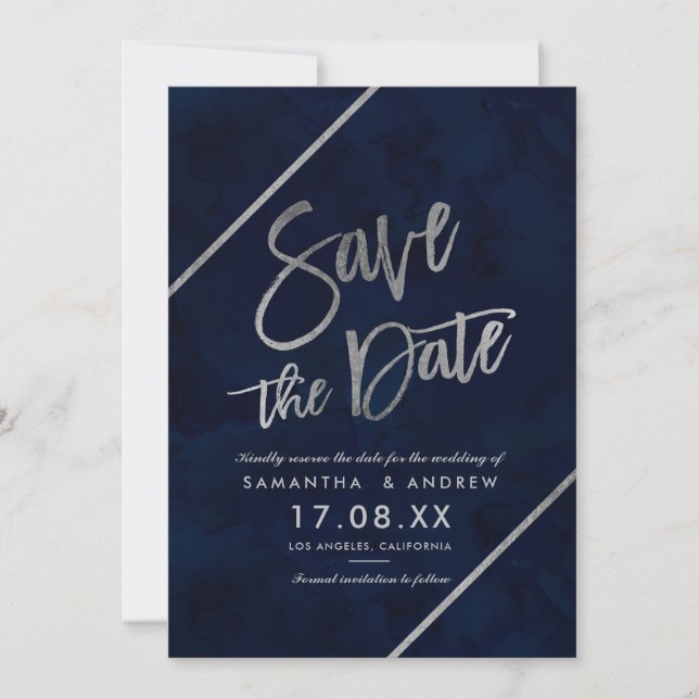 Silbertypografie und Wasserfarbe Save the Date (Vorderseite)