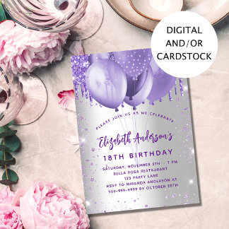 Silberviolett-Glitzer-Ballons zum Geburtstag Einladung