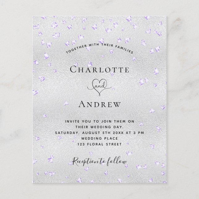Silberviolettes Herz Budget Hochzeitseinladung Flyer (Vorne)