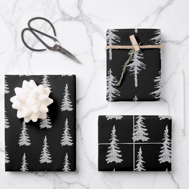 Silberwald-Waldspruce Bäume Wald Schwarz Geschenkpapier Set (Vorderseite)