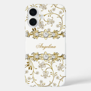 Silberweiß Gold Diamant Juwel floral iPhone 16 Hülle