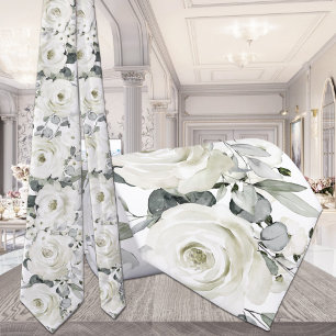 Silberweiße Blumen-Hochzeitskrawatte mit Grün Krawatte
