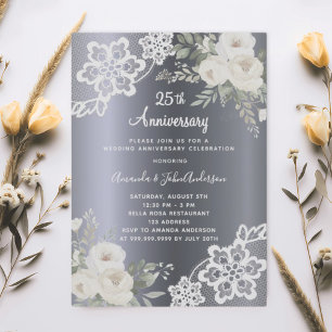 Silberweiße Blumen zum 25. Hochzeitstag Einladung