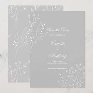 Silberweiße Eckige Blumige Boho-Hochzeit Einladung
