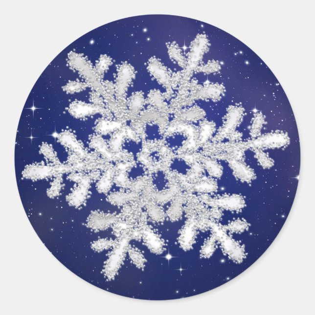Silberweiße Schneeflocke am Nachthimmel Runder Aufkleber (Vorderseite)