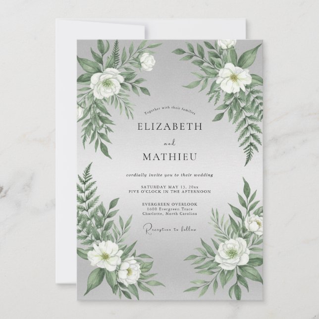 Silberweißes Farn-Hochzeit Einladung (Vorderseite)