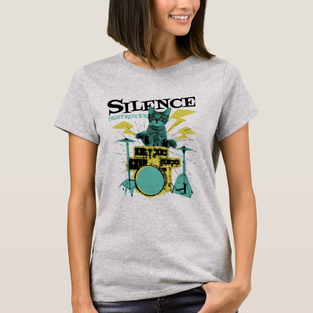 Silence Destroyer Niedlich Cat Playing Drums T-Shirt (Vorderseite)