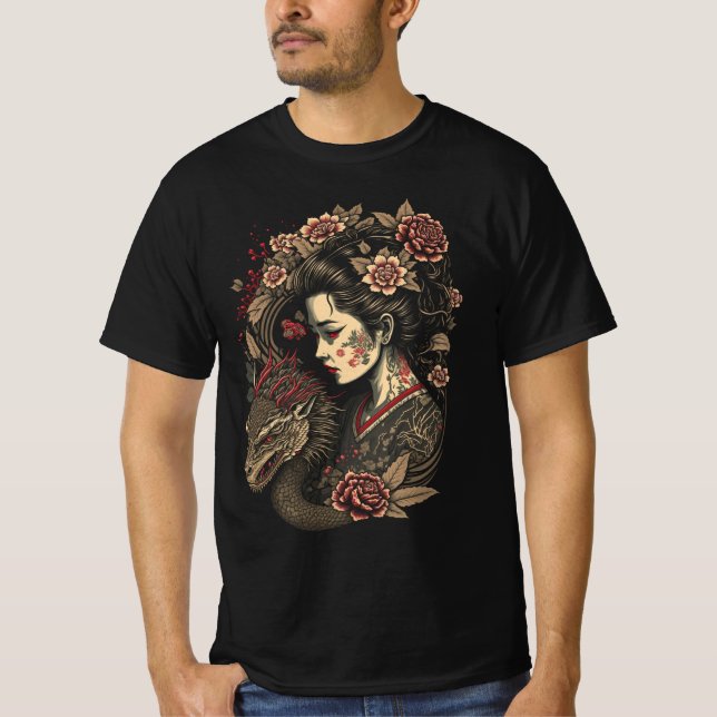 Silent Bloom - Geisha & Dragon im Einklang T-Shirt (Vorderseite)