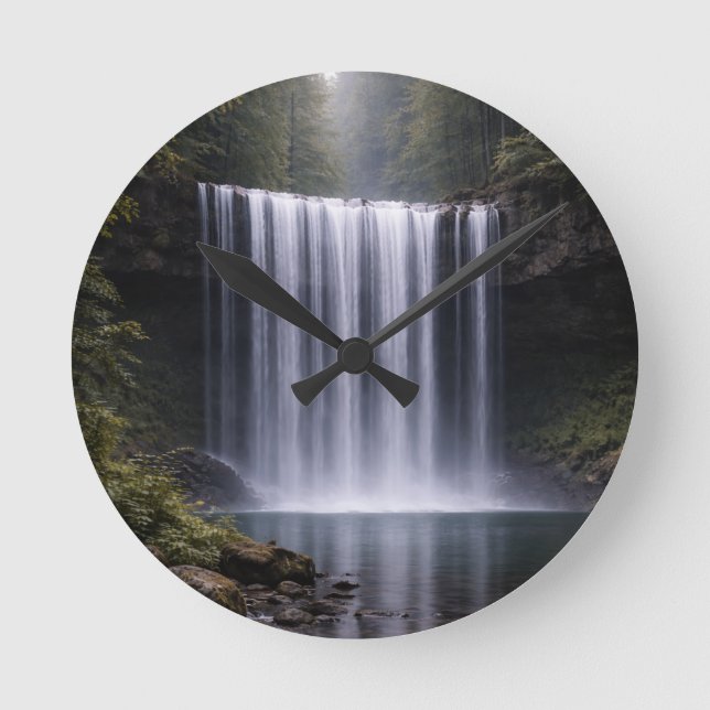 Silent Forest Waterfall – Calm Nature Landscape Runde Wanduhr (Vorderseite)
