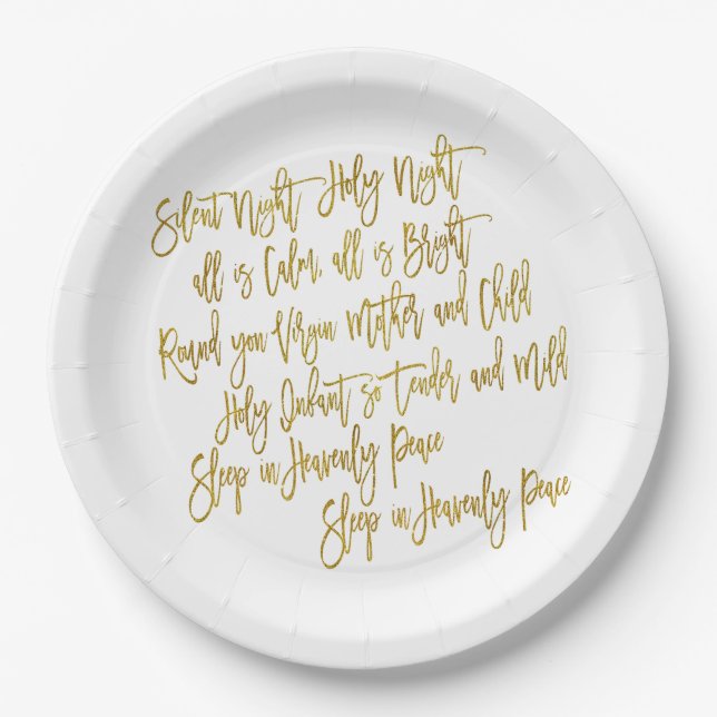 Silent Night Christmas Carol Texte Gold White Pappteller (Vorderseite)