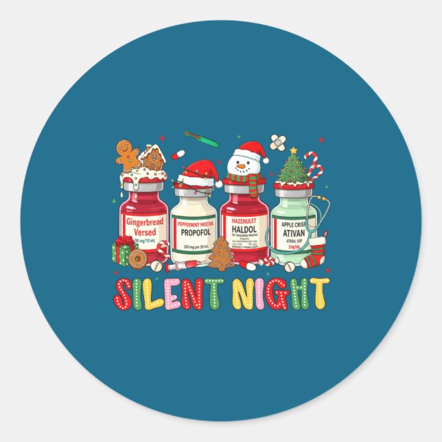 Silent Night Funny Nurse Christmas Design Long Sle Runder Aufkleber (Vorderseite)