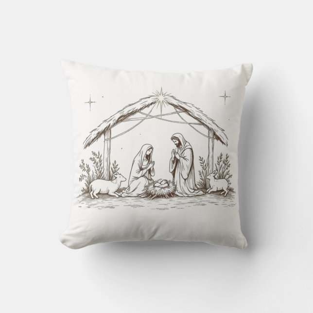 "Silent Night Nativity – Sepia Sketch Throw Pillow Kissen (Vorderseite)