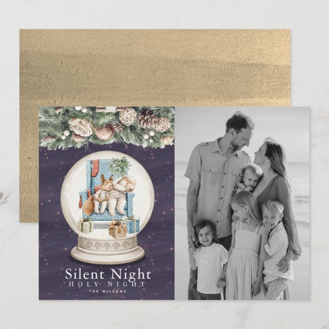 Silent Night Sleeping Animals Snow Globe Photo Feiertagskarte (Vorne/Hinten)