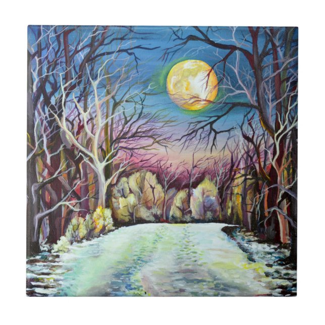 Silent Night Winter Full Moon in Schweden Fliese (Vorderseite)