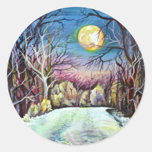 Silent Night Winter Full Moon in Schweden Runder Aufkleber