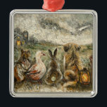 Silent Watching Whimsical Farmhouse Animals Ornament Aus Metall<br><div class="desc">đŸ Silent Watching - Whimsical Dog and Friends Metal Ornament This painting captures a quiet circle of friendsâa dog, a cat, a rabbit, a duck, and a henâsitting together under the vastness of a stormy night sky. Gathered near an old barn by the soft light of a lantern, they share...</div>