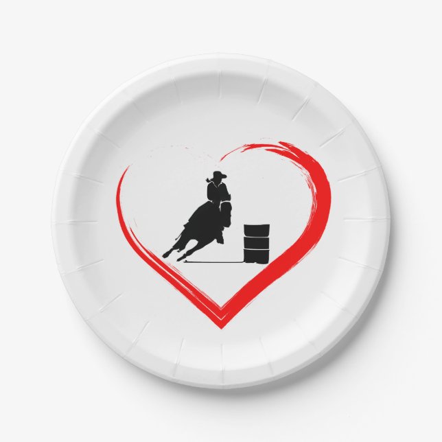 Silhouette Barrel Racing Cowgirl, Pferd und Herz Pappteller (Vorderseite)