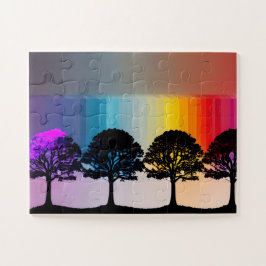 Silhouette Bäume mit Lila Blätter Regenbogenwand