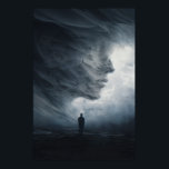 Silhouette Before Colossal Mist Face Poster<br><div class="desc">A lone suited figure stands at the threshold of an enormous, vaporous void shaped like a gigantic human profile in profile. Thick, slow-moving mist in silver-gray and pale blue coils upward to suggest forehead, closed eye, nose, and lips on an impossible scale, while cold diffused light makes every curling tendril...</div>
