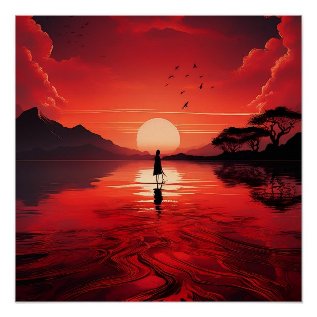 Silhouette bei Red Sunset - Serene Reflektion Poster (Vorderseite)