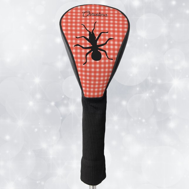Silhouette Big Black Ant auf Rot Kariert Golf Headcover (Big black ant silhouette on tablecloth picnic red and white plaid pattern on golf club cover.)
