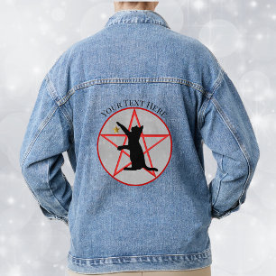 Silhouette Black Cat in Red Pentagramm Gold Star Jeansjacke