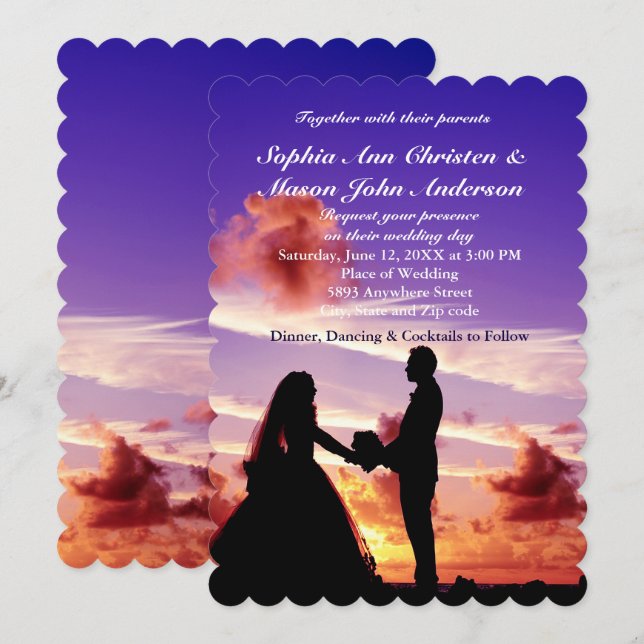 Silhouette Braut & Groom Sonnenuntergang Einladung (Vorne/Hinten)