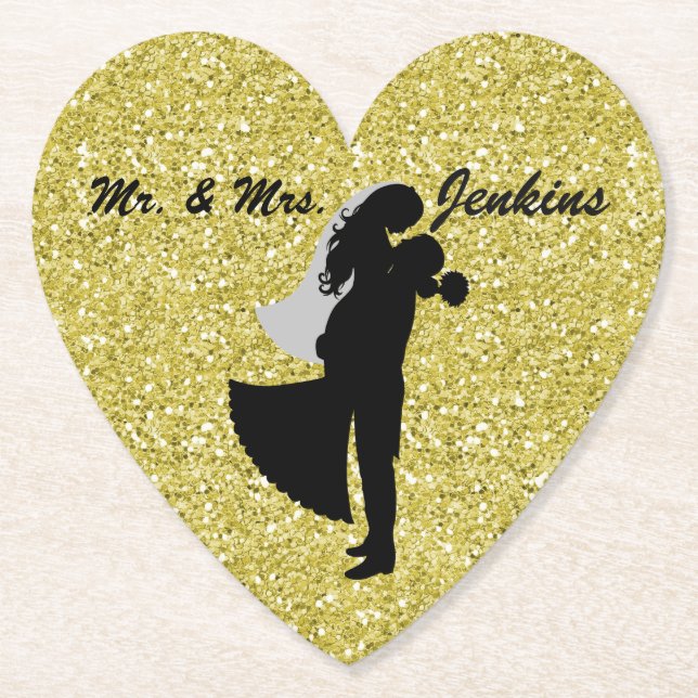 Silhouette Bridge & Groom Gold Imitate Glitzer Untersetzer (Vorderseite)