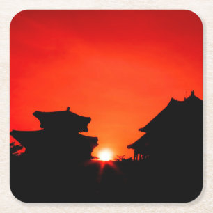 Silhouette chinesischer Pagoden bei Sonnenuntergan Rechteckiger Pappuntersetzer