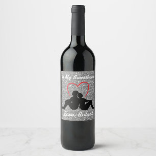 Silhouette Couple sitzend Red Heart Silver Weinetikett