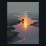 Silhouette Couple Sunset Stream Reflection Fotodruck<br><div class="desc">Two silhouetted figures hold hands as they walk along a shallow stream bathed in the last warm light of sunset. The sky burns in peach, rose, and deep orange, perfectly mirrored on the still water below, while soft mist and tall grasses fade into cool gray-blue distance. Delicate rays of golden...</div>