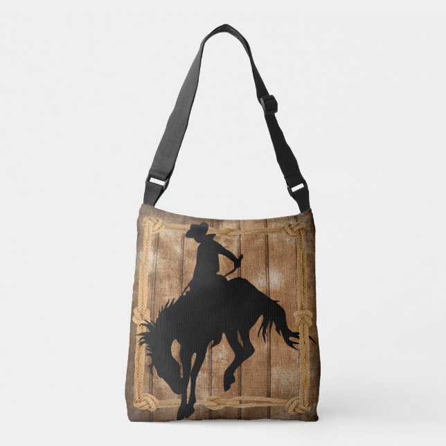 Silhouette Cowboy auf einem Bucking Bronco Pferd Tragetaschen Mit Langen Trägern (Vorderseite)
