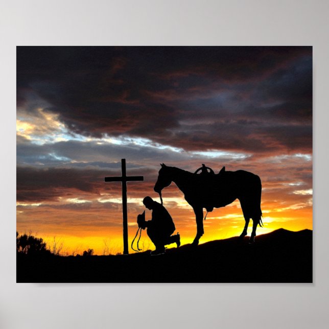 Silhouette De Prière Cowboy Avec Poster Du Coucher (Devant)