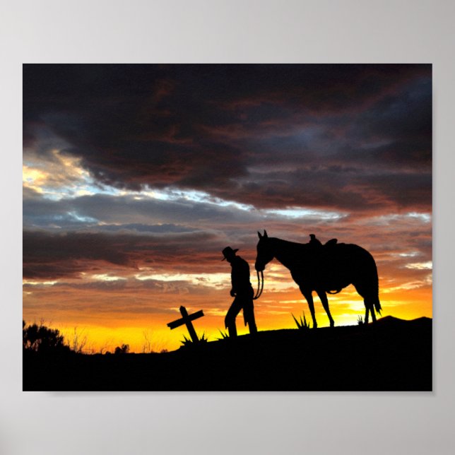 Silhouette De Prière Cowboy Avec Poster Du Coucher (Devant)