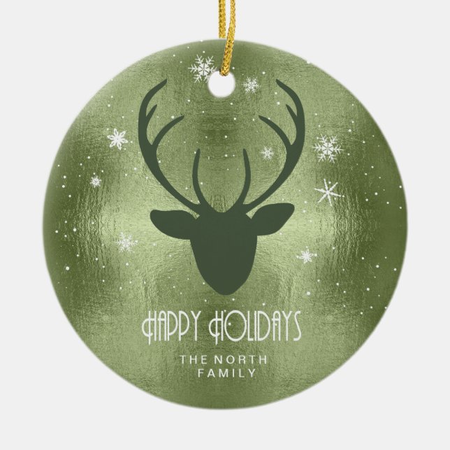Silhouette der Hirschgeweihe und Schneeflocken Grü Keramik Ornament (Vorne)