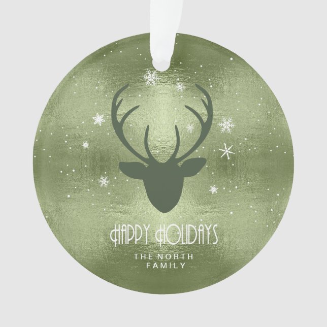 Silhouette der Hirschgeweihe und Schneeflocken Grü Ornament (Vorderseite)